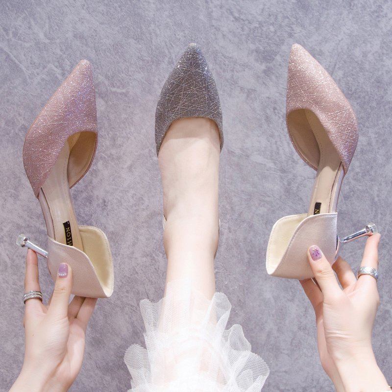 

Sexy Silver High Heels for Women Korean Style Light Pink Pointed Stilettos Bridesmaid Bride Fashion Wedding Shoes