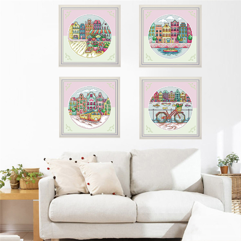 

Promotional patterns cross stitch counted scenery diy embroidery wall crafts needle painting handmade kits house decoration 4 pieces