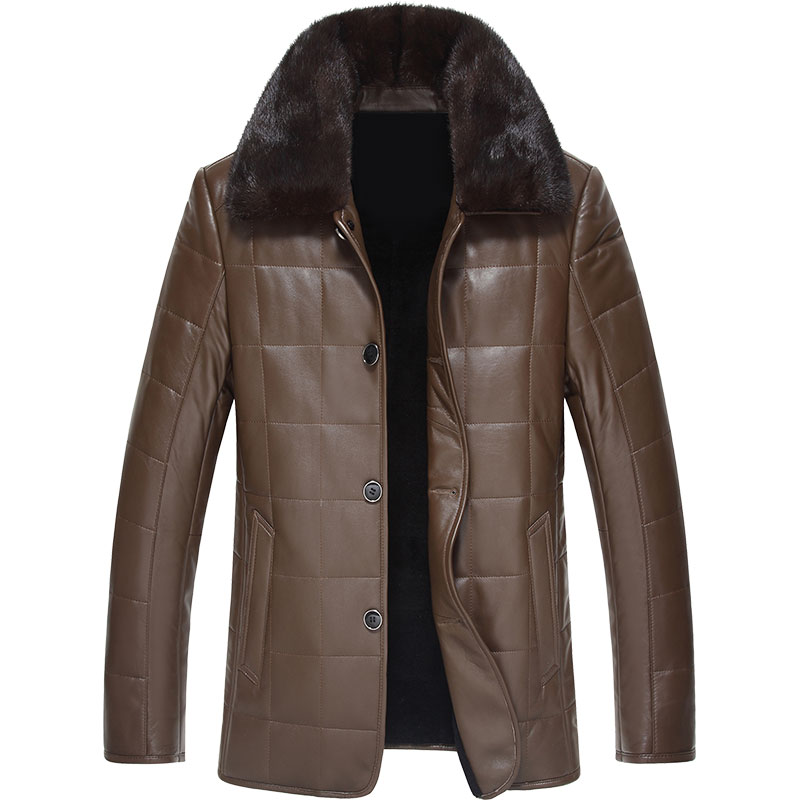 

Autumn Winter Mens Leather Jacket Genuine Leather Sheepskin Coat Real Wool Fur Lining Mens Jackets Mink Collar ML-127605, Black