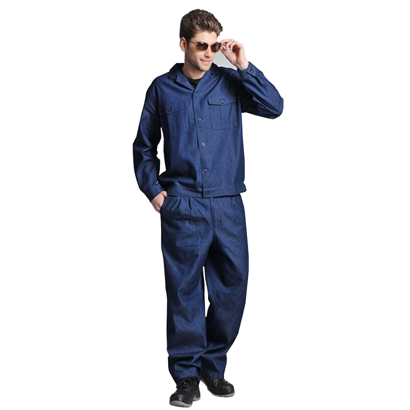 

New high quality cotton overalls wear summer thin section mens long sleeve suit welding anti-scalding flame retardant denim suit, Blue