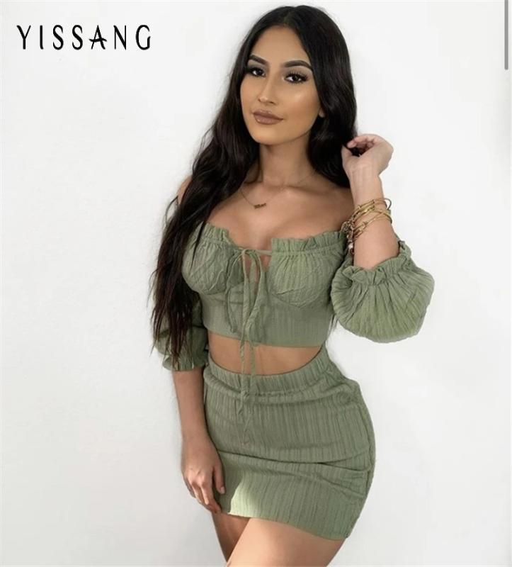 

Yissang Green Drawstring Hollow Out Summer Two Piece Set Short Puff Sleeve Crop Top And Mini Skirt Suit Elegant Sexy 2 Piece Set, Brown