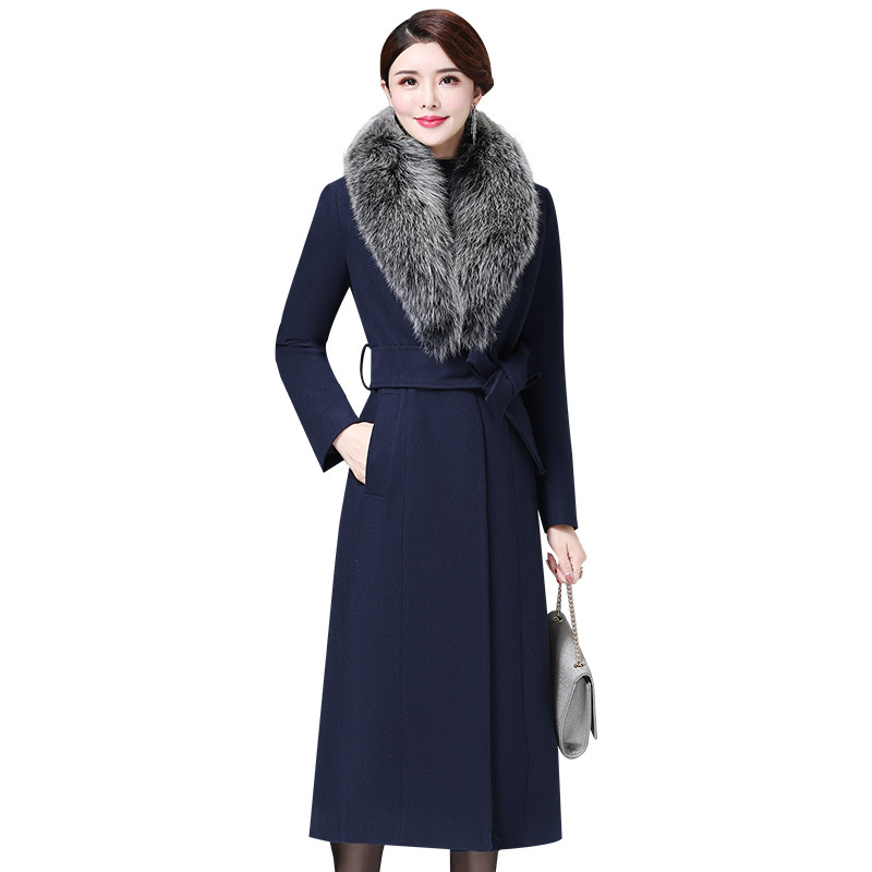 

2020 Winter Women Woolen Coat Elegant Long Wool Coat fur Collar Warm Female Jacket Plus Size 5XL Casaco Feminino P204, Navy