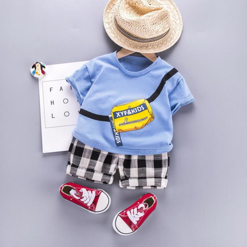

Children Clothing Cotton summer Toddler Boys Clothes Set Printed T-shirts+ Grid Pants 2pcs Outfit Kids Clothes Suit For Boys, Blue