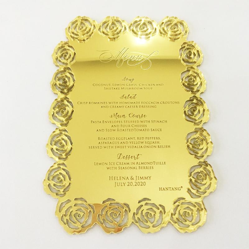 

20pieces Per Lot 5x7inch Hollow Rose Flower Golden Mirror/Silver Mirror Acrylic Wedding Menu Cards with Engraved Letters