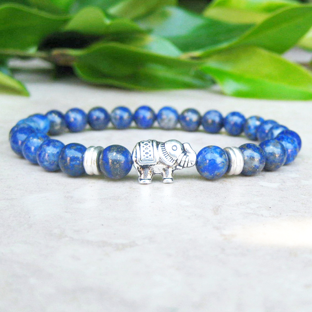 

MG0740 Elephant Charm Yoga Energy Bracelet 6 mm A Grade Natural Lapis Lazuli Bracelet Good Luck Healing Energy Bracelet, Black