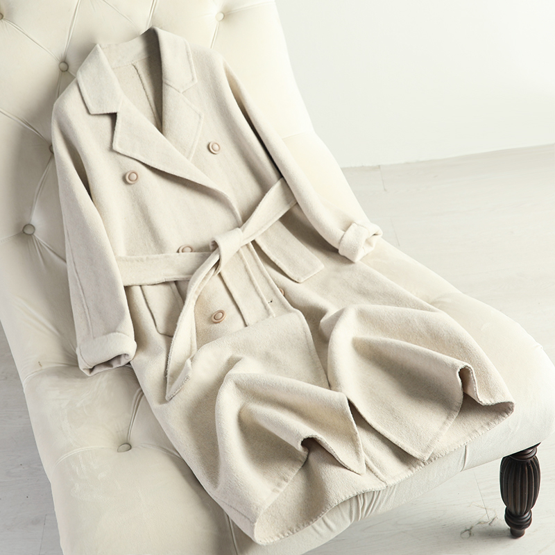 

100% Cashmere coat double-sided wool overcoat mid-long anti-season suit skinny collar Korean version beige coats, See chart