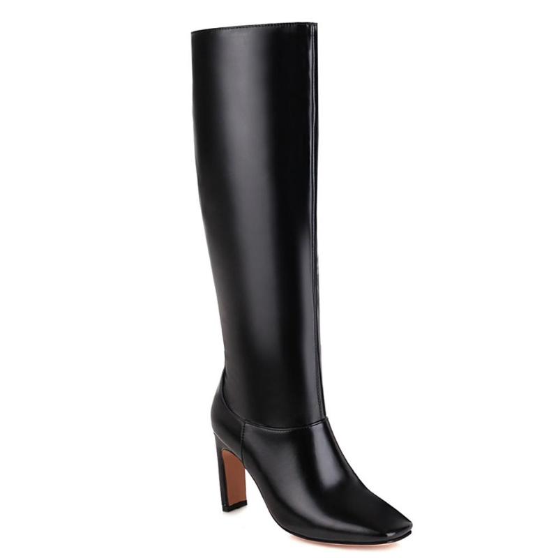 

Square Toe Microfiber Super High Heel Boots Green Square Heel Short Plush Knee Boots Pu Sleeve Women's Shoes, Wine red winter