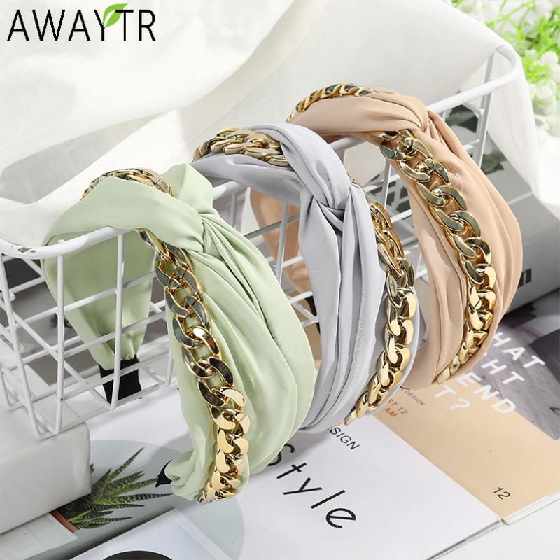 

AWAYTR New Fashion Satin Cross Hairbands Wide Side Headband Gold Chain Hair Hoop Women Shining Headwear Casual Hair Accessories