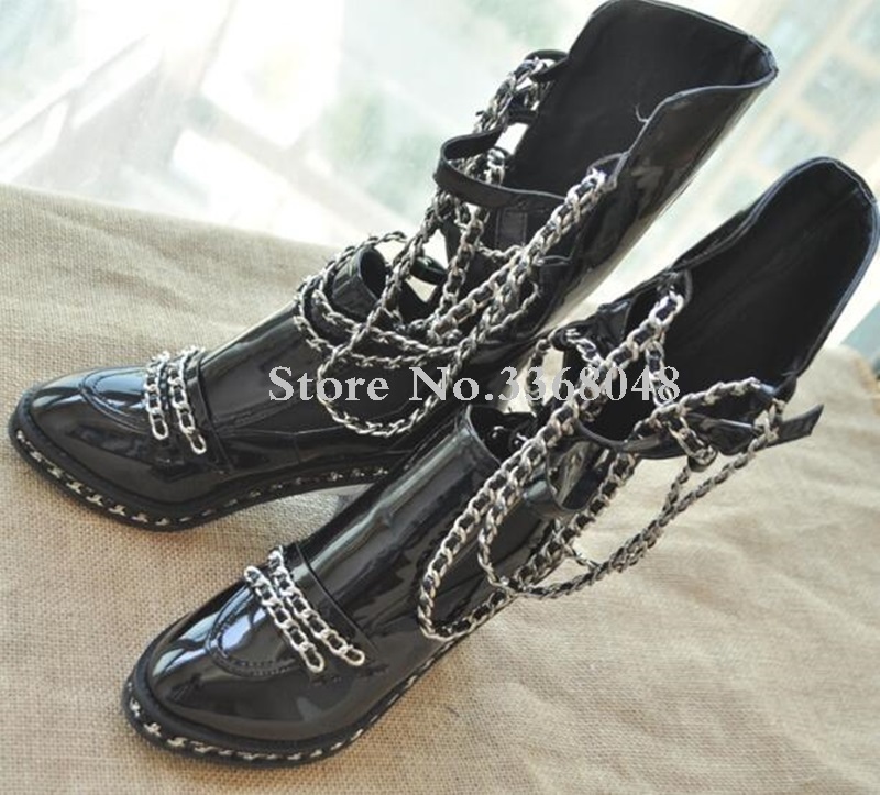 

Ankle High Black White Motorcycle Boots Shoes Spring Fall Winter Women Chained Ankle Boots Chunky Heels Hollow Big size CX200820