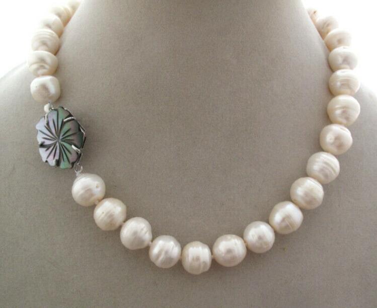 

12-13mm White Freshwater Pearl Necklace 18" 36" Shell Flower Clasp