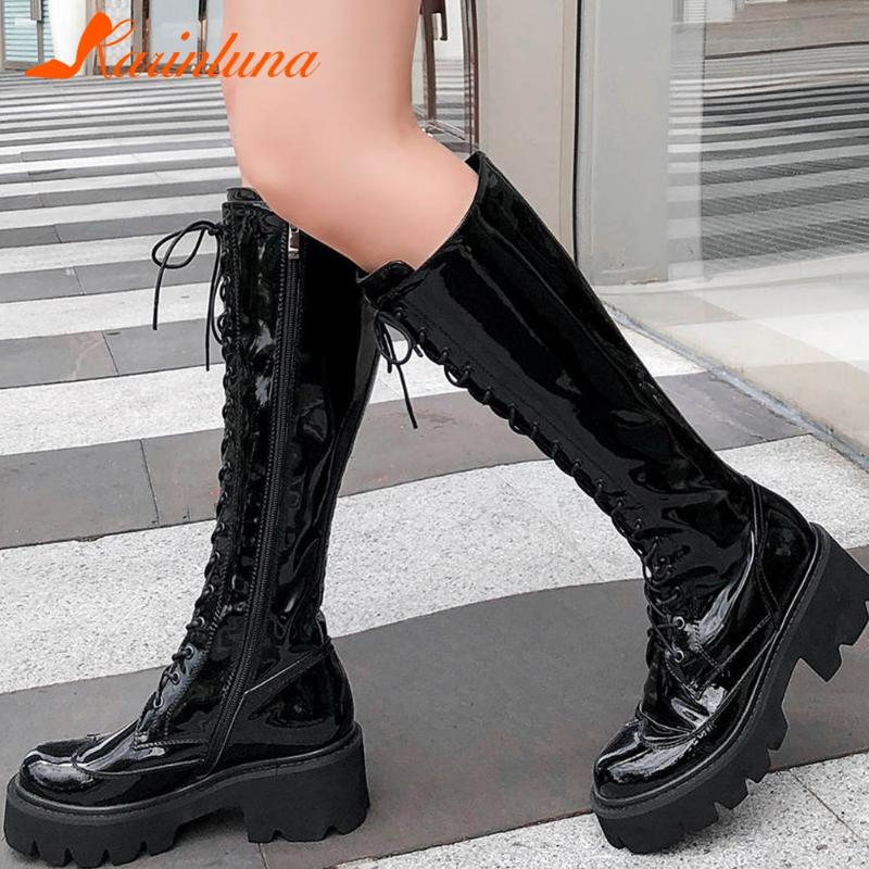 

Karin Large Size 34-42 High Quality Fashion Sylish Knee Boots Cow Leather Cross-tied Sqaure Thick Heels Autumn Winter Shoes, Black patent