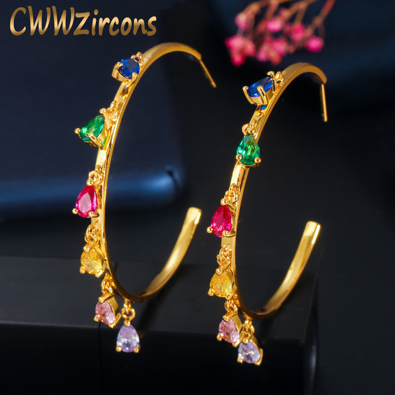 

CWWZircons Water Drop Colorful Rainbow CZ Charms Gold Color Large Round Hoop Earrings for Women Statement Jewelry CZ751