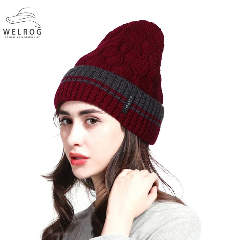 

WELROG New Knitted Hat Skullies Winter Warm Acrylic Beanies Caps For Women Beanie Hat Female Striped Outdoors Sport Skullie, Black
