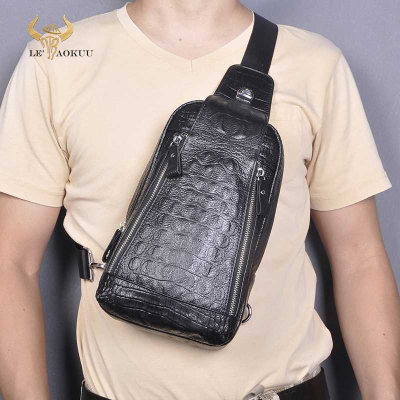 

New Men Quality Leather Casual Fashion Triangle Crossbody Chest Sling Bag Design Travel One Shoulder Bag 8" Daypack Male 5010, Black