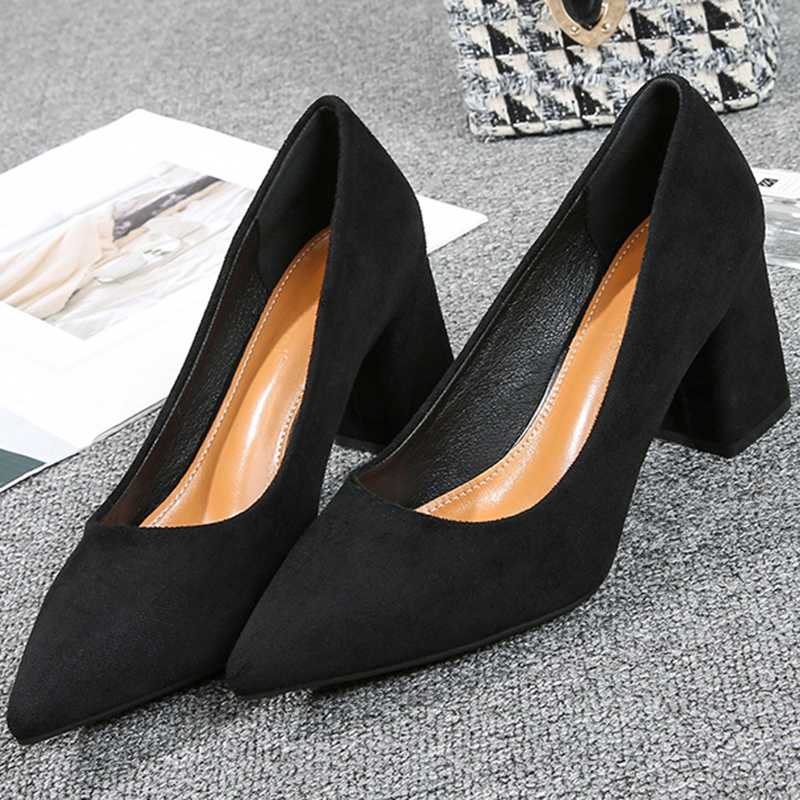 

Women black soft-soled shoes low-heel daily simple flock pumps pointed toe thick-heeled high heels, Black 7cm
