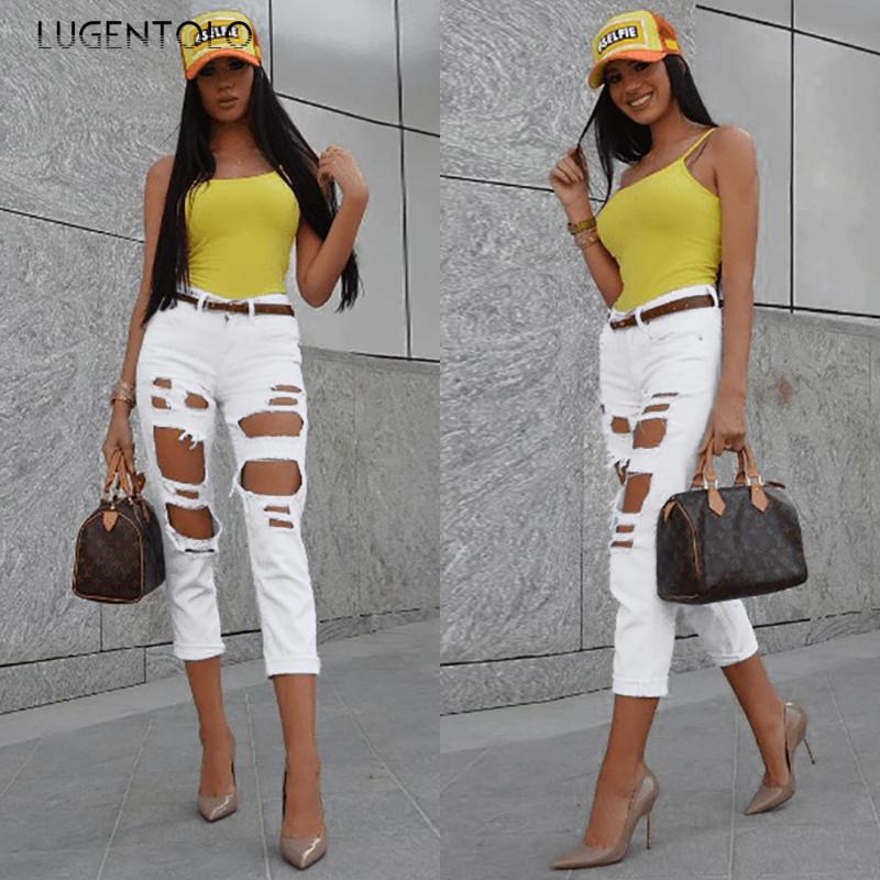 

Lugentolo Women' Fashion Jeans All-match Summer Ripped Hole Jeans Women' Casual Solid High Waist Street Simple Sexy, Black