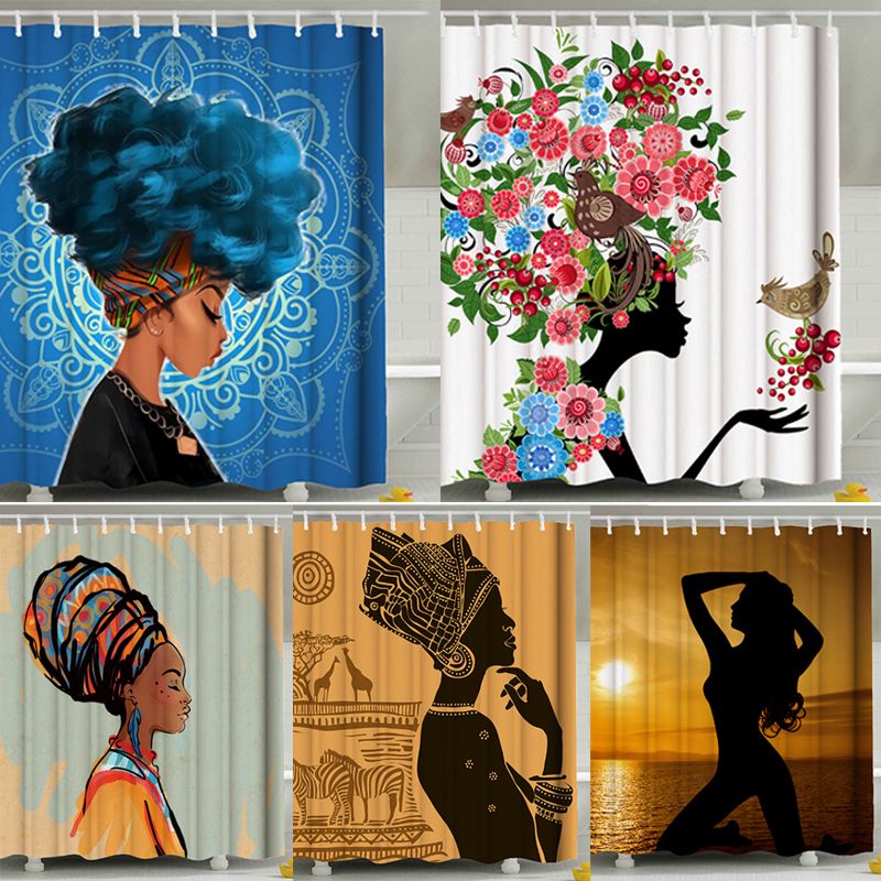 

Shower Curtain Afro African Black Girls Bathroom Shower Curtains Decoration Waterproof Bath Curtain Door Screens Hanging + Hooks