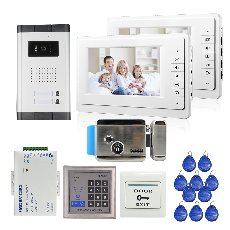 

7'' Monitor Video Door Phone Intercom System Night Vision Camera Doorbell RFID Access Control Unlock for 2 3 Apartments Family