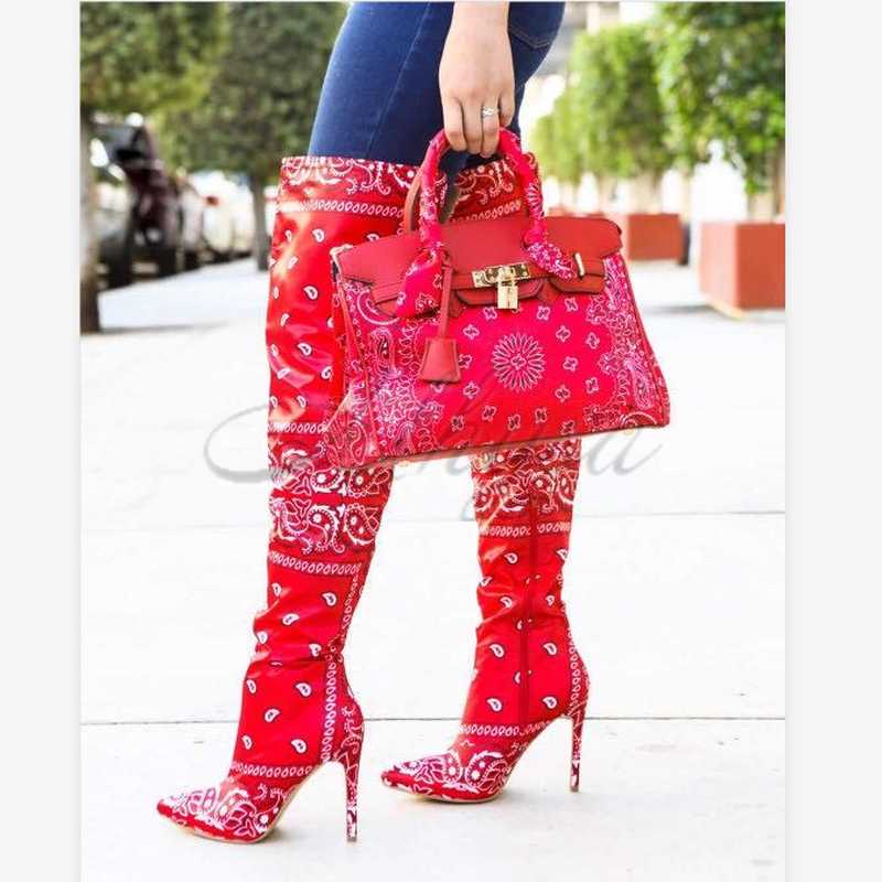 

2020 Autumn Winter New Boots Women Super High Heel Print Over The Knee Boots Stiletto Fashion Totem Print Femmes Bottes, The same black bag