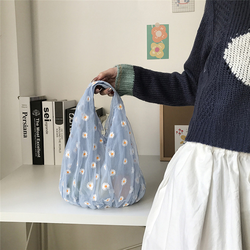 

2020 Spring Women Small Transparent Tote Mesh Cloth Bag Daisy Embroidery Handbag High Quality Eco Fruit Bag Purse For Girls, Blue