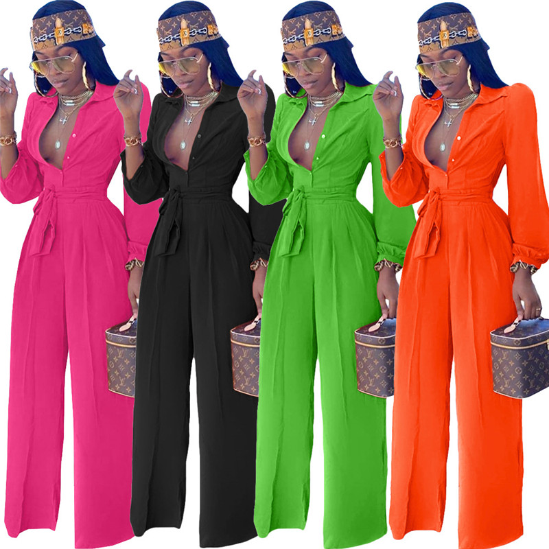 

Women' Jumpsuits & Rompers Women Jumpsuit Full Sleeve Shirt Collar Button Up With Belt Office Lady Bodysuit Overall Romper Wholesale Drop, Black