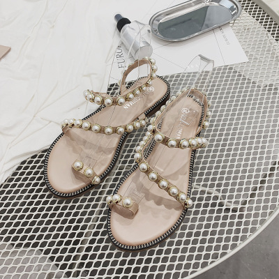 

Pearl sandals women 2020 summer new flat-bottomed Roman snake-shaped winding all-match large size sandals, Blue