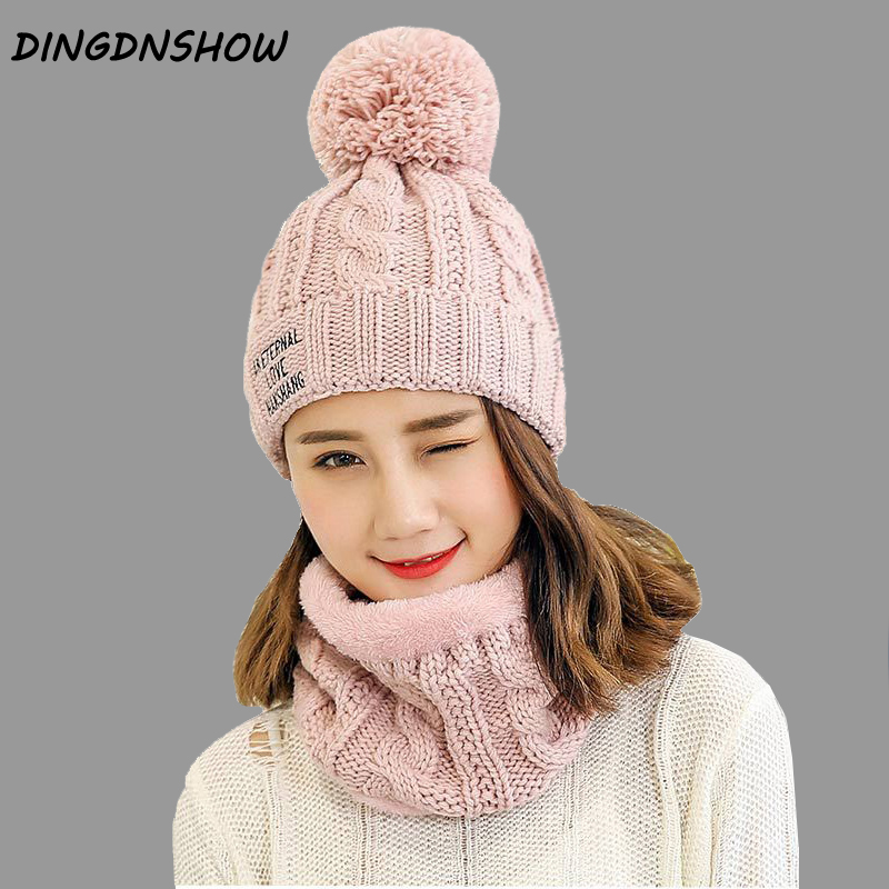 

[DINGDNSHOW] 2020 Brand Knitted Hat Lady Cotton Bonnet Hat Warm Winter Cap Colors Beanies Women Skullies Sets, Black