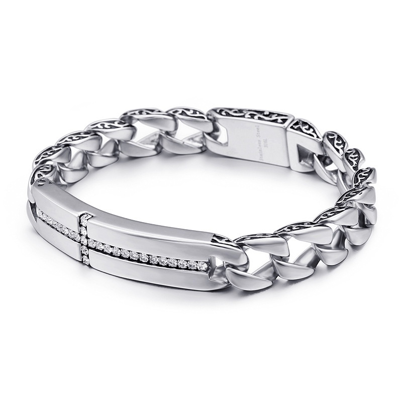 

Vintage Stainless Steel Biker Bracelet Men Curb Cuban Link Chain Mens Cross Bracelets With CZ Crystal Zircon Male Jewelry