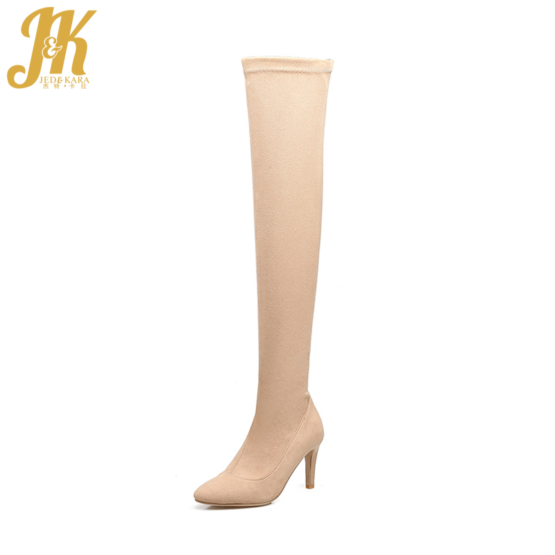 

JK 2020 Winter Lady Sexy Stretch Boots Women Thin High Heels Shoes Woman Over Knee Boot Pointed Toe Warm Footwear Big Size 46, Black