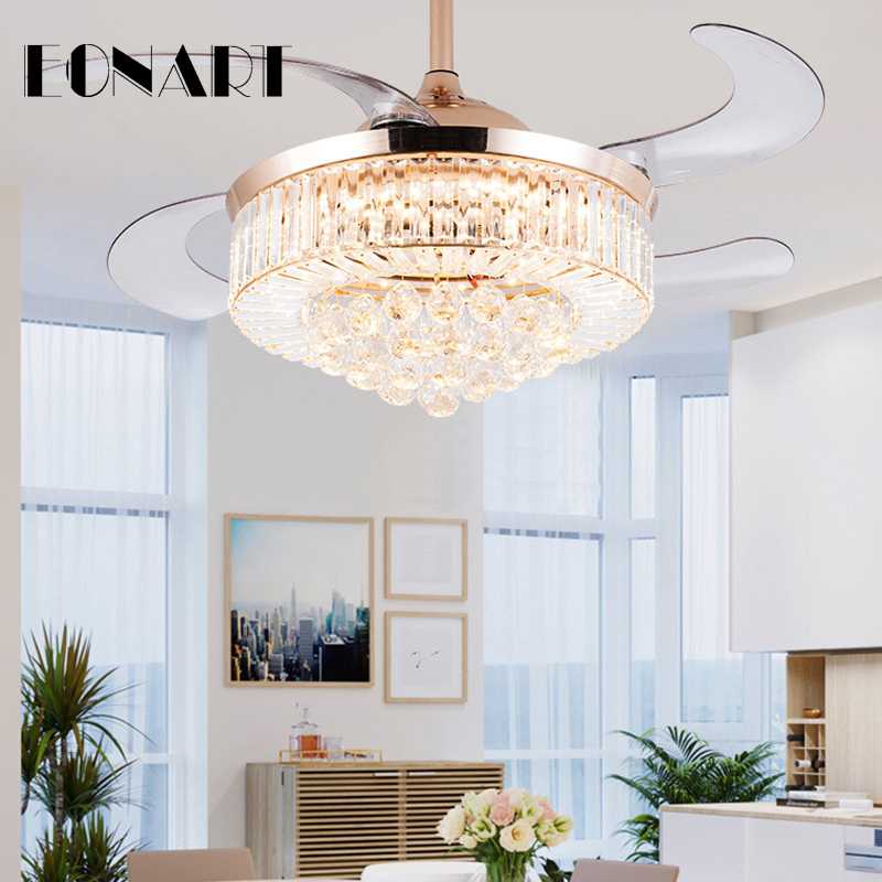 

36 inch led crystal Invisible ceiling fans lamp with remote control fashion roof lighting and ceiling fan with light for home