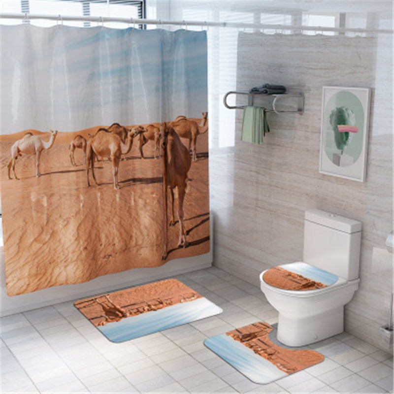 

4Pcs/set Bathroom Mat Set Non-slip Digita Print Animal Camel Bath Mat Coral Fleece Shower Curtain Floor Washable Toilet Rug