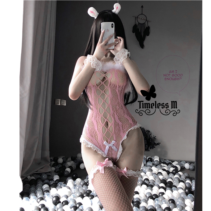 

Paloli 2020 Women Sexy Lingerie Fishnet Bodysuit with stocking Erotic See through Costumes Black Pink Lace Cosplay Bustier