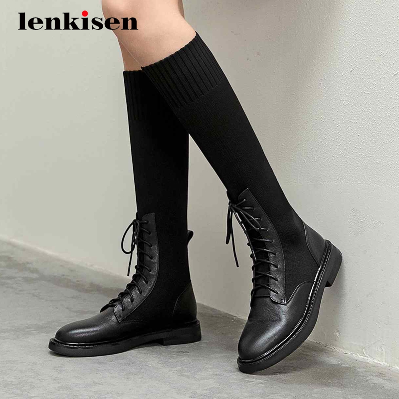 

Lenkisen hot sock boots natural leather knitting korean girls round toe thick low heel lace up preppy modern knee high boots L90, Black