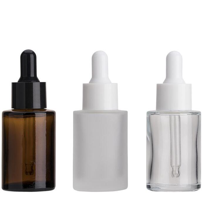 

30ml Glass Bottle Flat Shoulder Frosted Clear Amber Glass Round Essential Oil Serum Bottle With Glass Dropper Perfume Bottles GGA3637-2