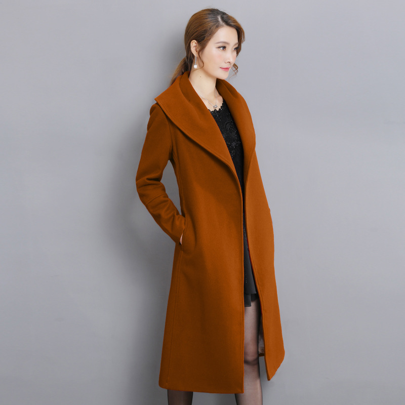 

Elegant Solid Women Long Wool Blend Coat Warm Autumn Winter Cashmere Jacket With Sashes Pockets Slim Coats Plus Size, Beige