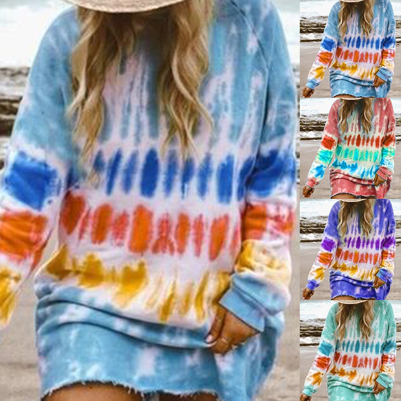 

New Casual Rainbow Tie Dye Print Sweatshirt Dress For Women Long Sleeve O-Neck Mini Dress Female Loose Straight, Red