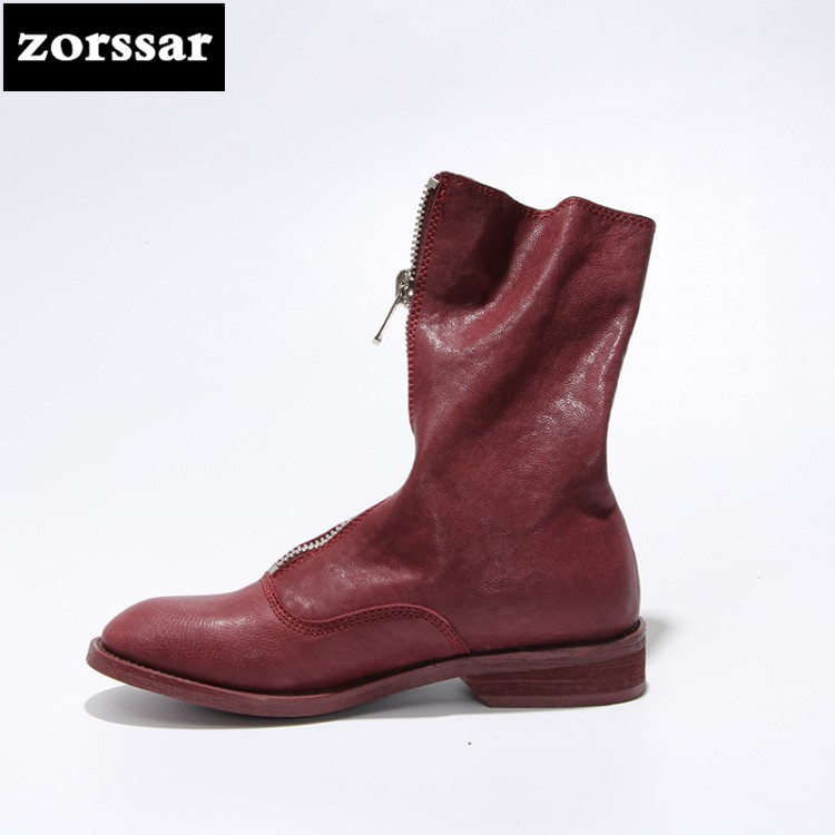 

Zorssar} 2020 New Real Leather mid-calf boots flat Women Equestrian boots Women snow Winter Women's shoes Big Size 43, Beige