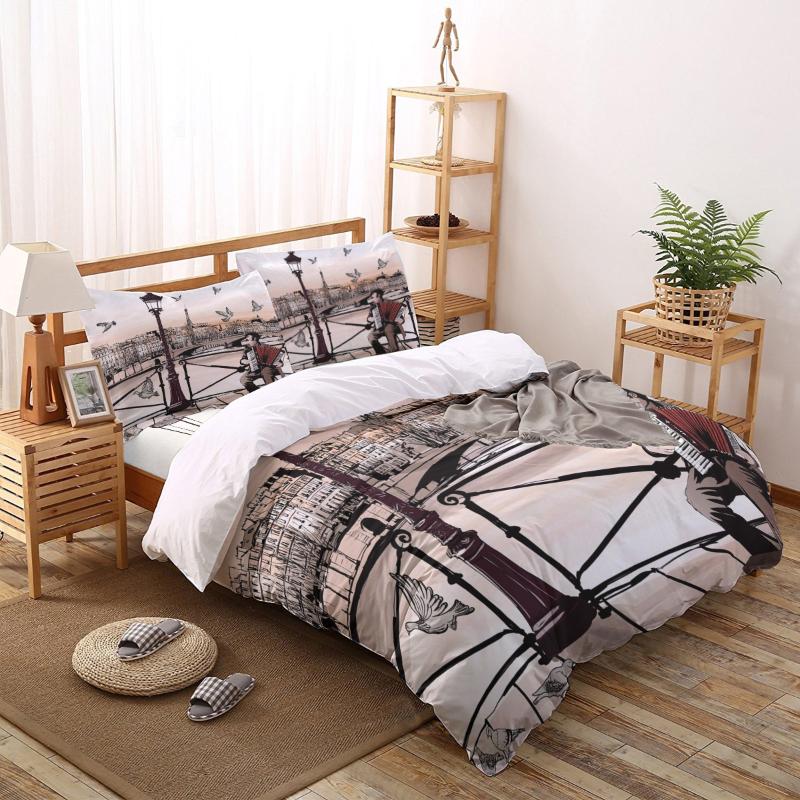 

Accordionist Art Bridge Paris Pigeon France Home Bedding Sets Bed Duvet Cover Flat Sheet Pillowcase  Full King Queen Bed Set, As pic