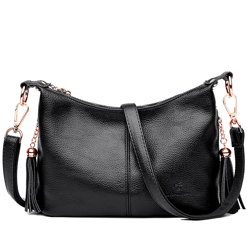 

High Quliaty Women's Genuine Leather Handbags Cow Leather Tassel Shoulder CrossBody Bag Ladies Messenger Bags Women Bags, Black