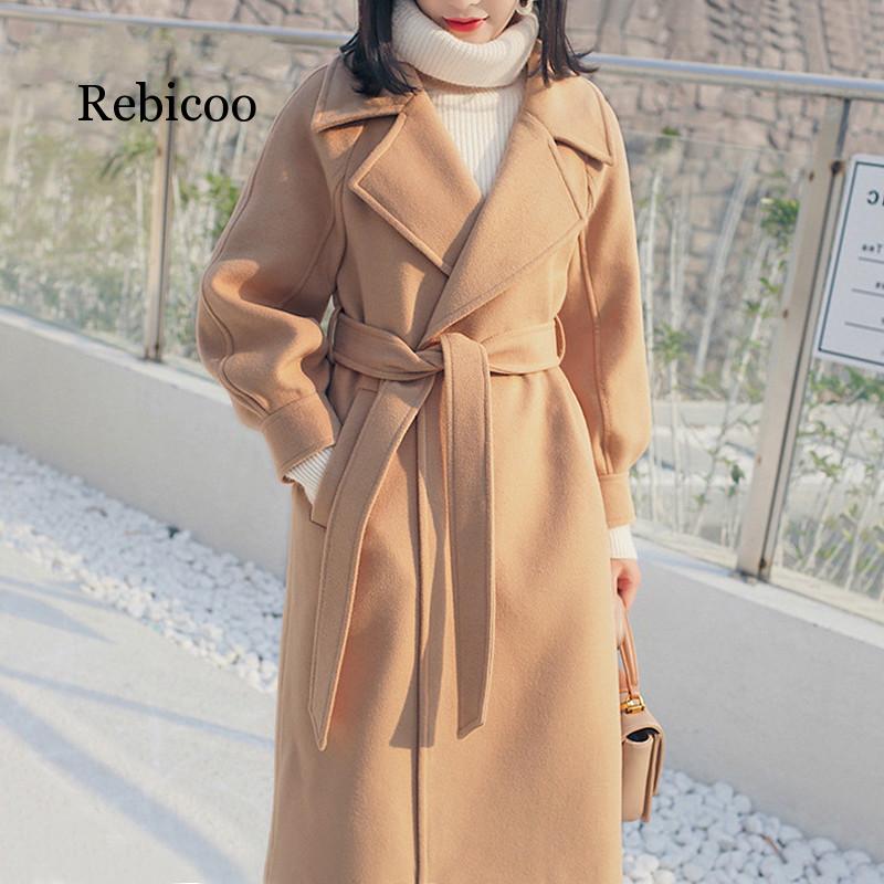 

Long Wool Blend Coats Women Winter Casual Thick Woolen Coat Ladies Korea Turndown Warm Lining Cashmere Coat Female Elegant, Beige