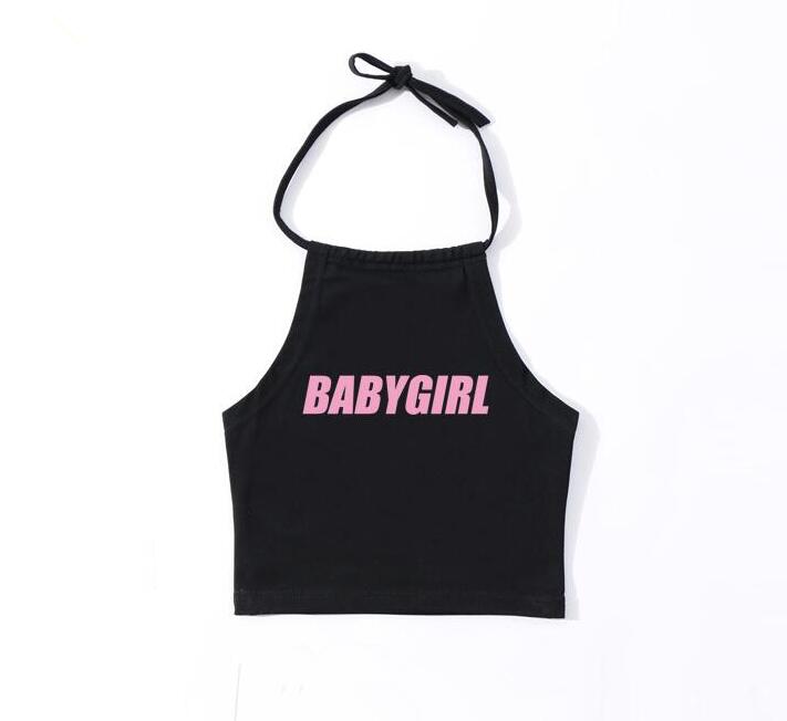 

Letter BABYGIRL Print Sleeveless Halter Short Top, Black