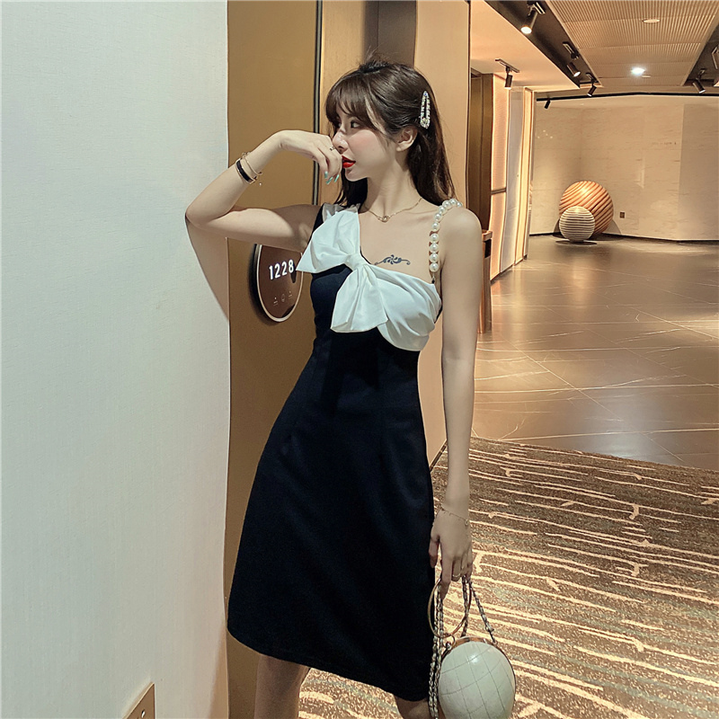 

Bodycon Dress Women Pencil Straight Black and White No Sleeve Pearl Strap Bow Nightclub Club Party Elegant Dresses, As pic