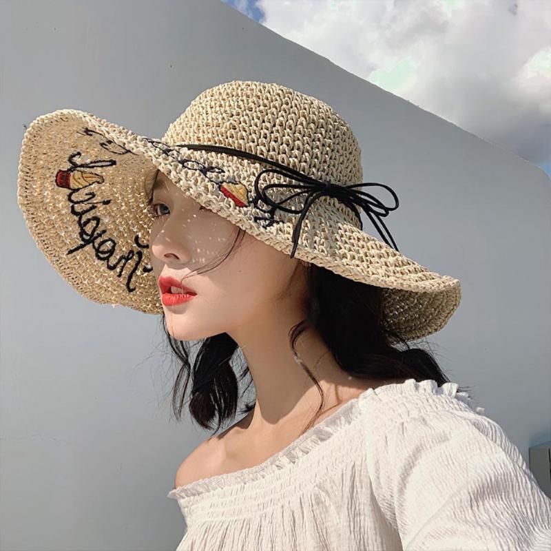 

Fashion Hawaiian straw hat sun hat Cute Women sun hats bow hand made women straw cap beach big brim casual girls summer cap, Beige