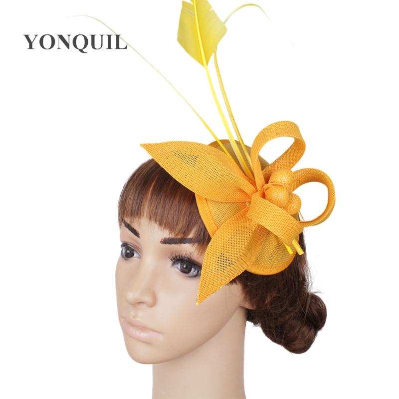 

Bride Yellow hair fascinator hats with ostrich feather bridal wedding hair accessories event womens hairclips party headwear