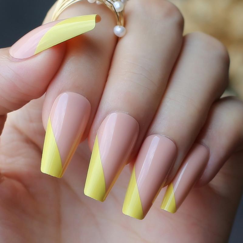 

Nail art in side tip French yellow nudes resuable gel coffin fake nails summer salon glossy Ballet nails false nail, S-c