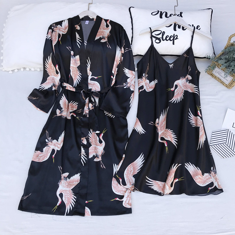 

Satin Lovers Kimono Bathrobe Gown Print Cranes Women 2pcs Robe Set Sleepwear Summer Men Robe Nightgown, Black
