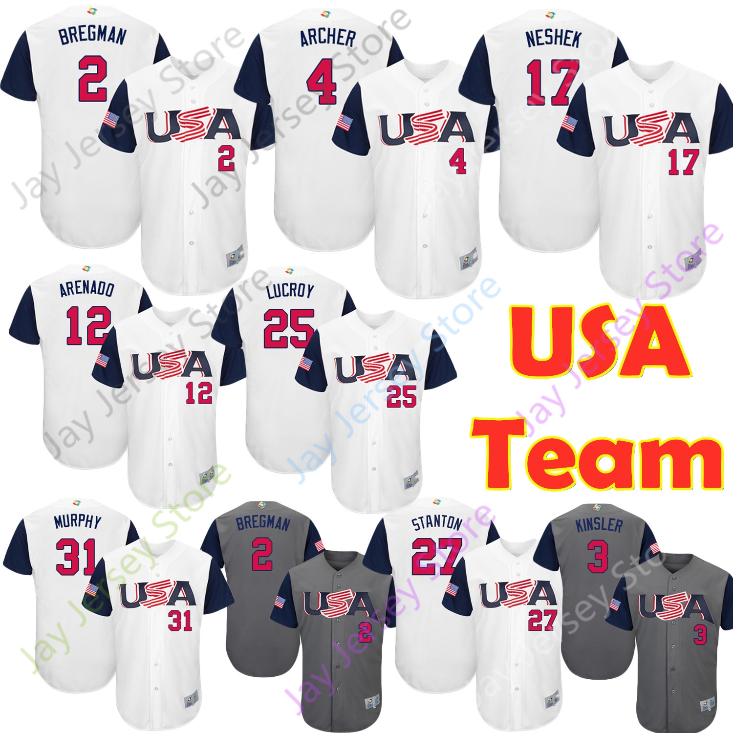 

USA Team Jersey World Baseball Classic 2017 WBC Chris Archer Cecil Clippard Fulmer Givens Gregerson J. A. Happ Jones McGee Pat Neshek Smyly, Women white