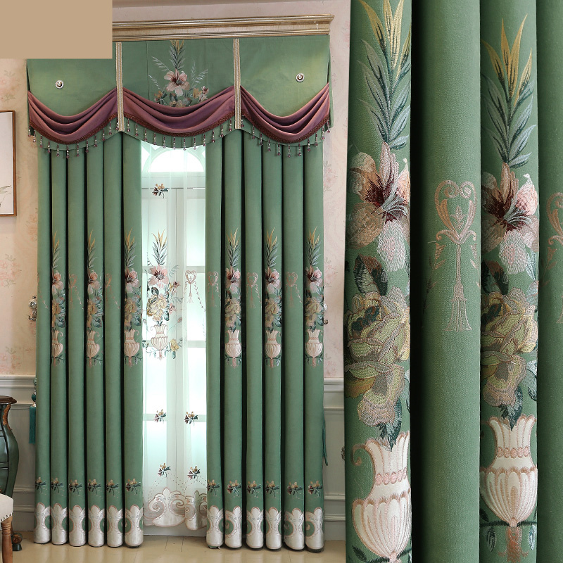 

Custom curtains luxury noble bedroom velvet embroidered green color French window blackout curtain valance tulle N162, Tulle sheer