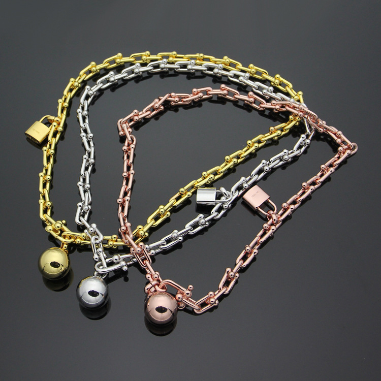 

Wholesale t bangle hot steel ball lock U shaped double letter bracelet with Gold Bracelet stainless steel jewelry couple chain bracelet