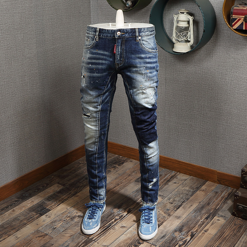 

Italian Style Fashion Men Jeans Retro Blue Vintage Designer Ripped Jeans Top Quality Streetwear Destroyed Hip Hop Slim Men